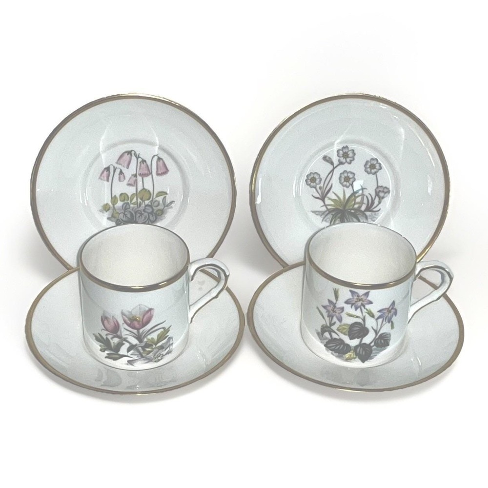2 Royal Worcester Demitasse Cups & 4 Saucers Alpine Flower Wildflower Bone China